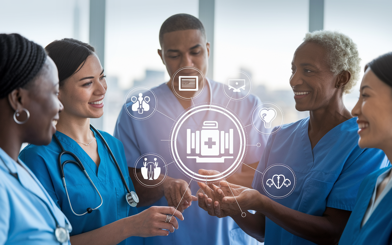 A hopeful image of diverse healthcare professionals engaged in telemedicine, projecting a sense of unity in innovation. A blend of technology and caring human connections is represented, with symbols of the future of healthcare, such as digital platforms and virtual interactions, set against a bright horizon.