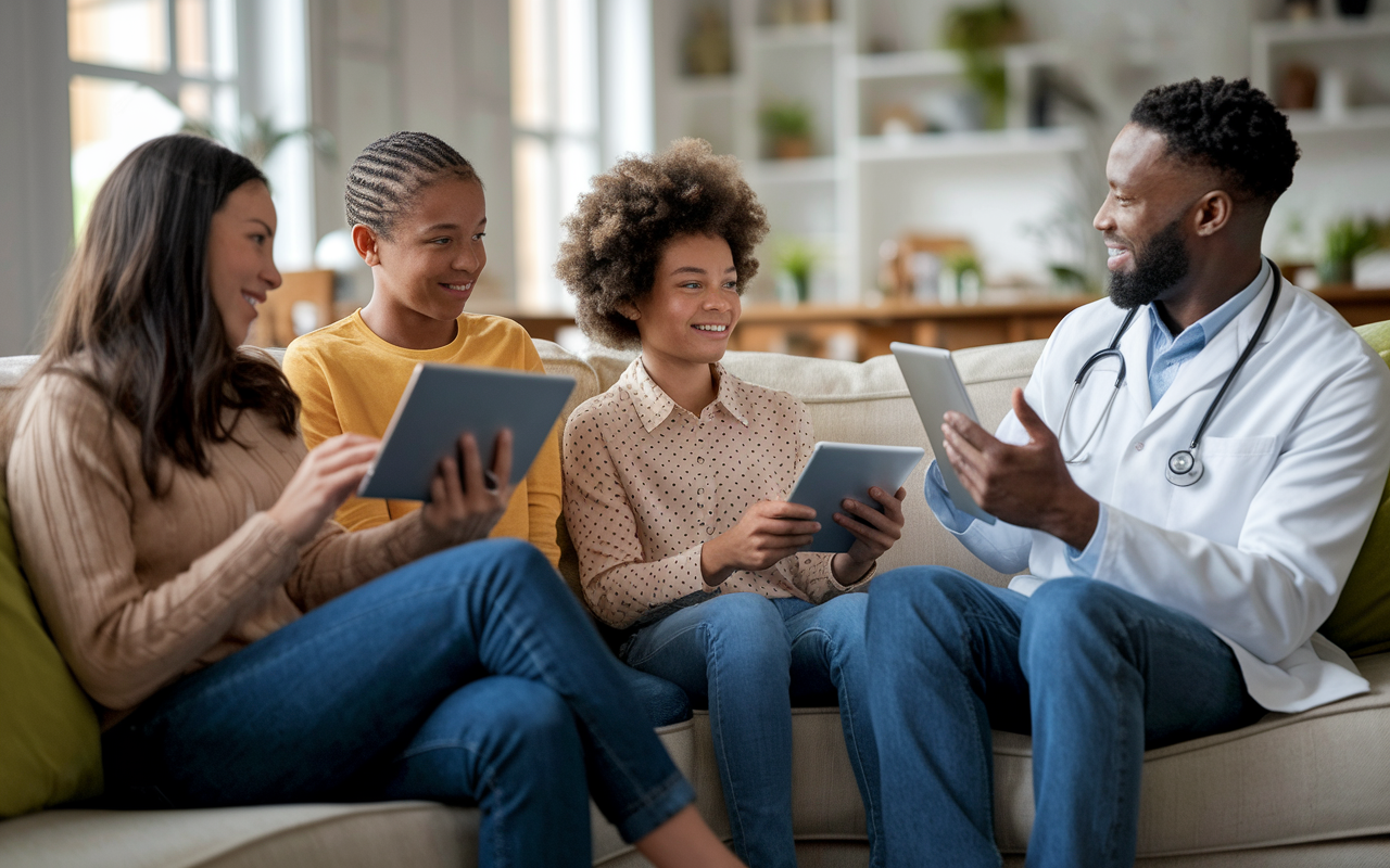 A family engaging in a virtual visit with a physician through MDLIVE, each person positioned in their living room with a tablet. The scene depicts a friendly, informative interaction, showcasing the benefits of virtual healthcare. The room is cozy, reflecting a family-friendly atmosphere.