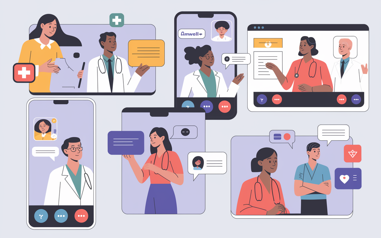 A dynamic depiction of the Amwell platform interface, showing patients seamlessly connecting with diverse medical professionals via video call. Various medical specialties are represented, highlighting accessibility and modern healthcare technology, with a bright, clean aesthetic.