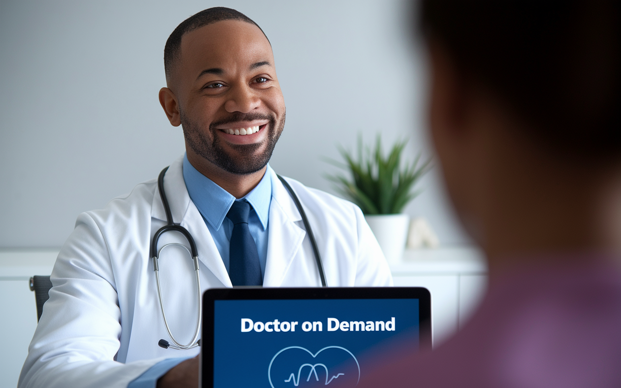 A friendly physician conducting a video consultation through Doctor on Demand, attentively listening to a patient's concerns. The backdrop features a minimalist office view, enhancing professionalism, with a digital device displaying the platform interface prominently.