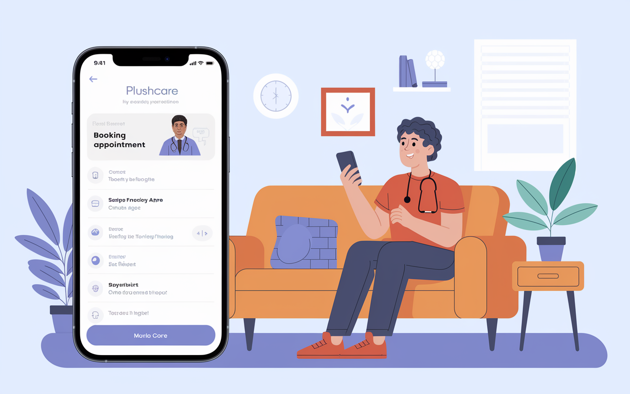 A user-friendly interface of the PlushCare app on a smartphone with a patient booking an appointment. The scene includes a happy patient in their living room, showcasing convenience in seeking primary care through telemedicine.