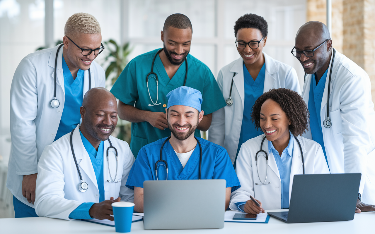 A diverse group of doctors collaborating on the HealthTap platform, providing virtual healthcare solutions. The image depicts various healthcare professionals engaging in a multi-screen setup, demonstrating teamwork in telemedicine with a bright and optimistic color palette.