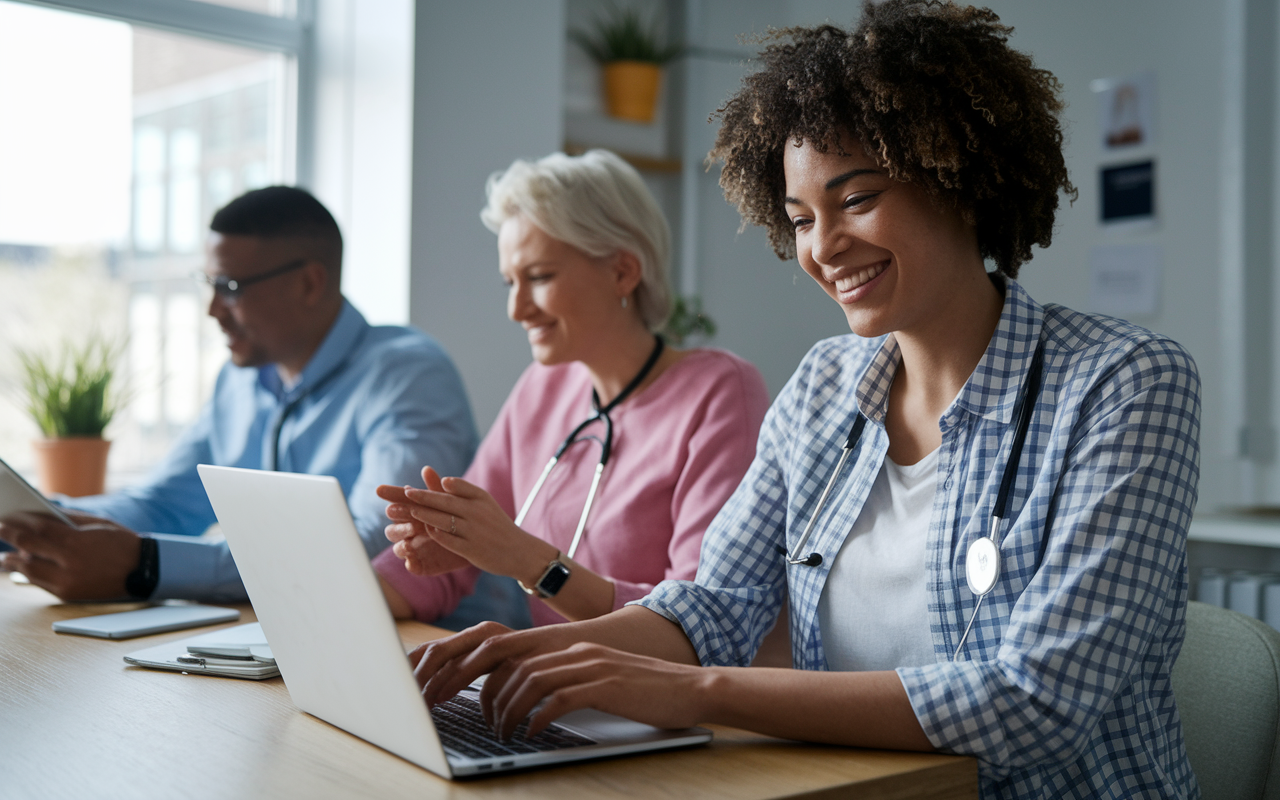 A user-friendly view of the Zocdoc interface showing patients scheduling online medical appointments. The scene highlights users smiling and feeling empowered by the convenience of managing healthcare appointments digitally.