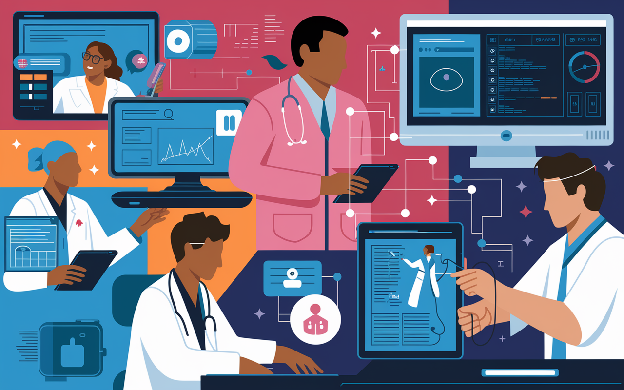 A dynamic collage representing various emerging telehealth roles within a vibrant healthcare environment. Featuring a telehealth coordinator using a tablet, a health informatics specialist analyzing data on a computer, and a remote patient monitoring technician adjusting sensors on a patient. The background is filled with digital screens depicting telehealth interactions, with bright, engaging colors showing the innovative spirit of healthcare professionals.