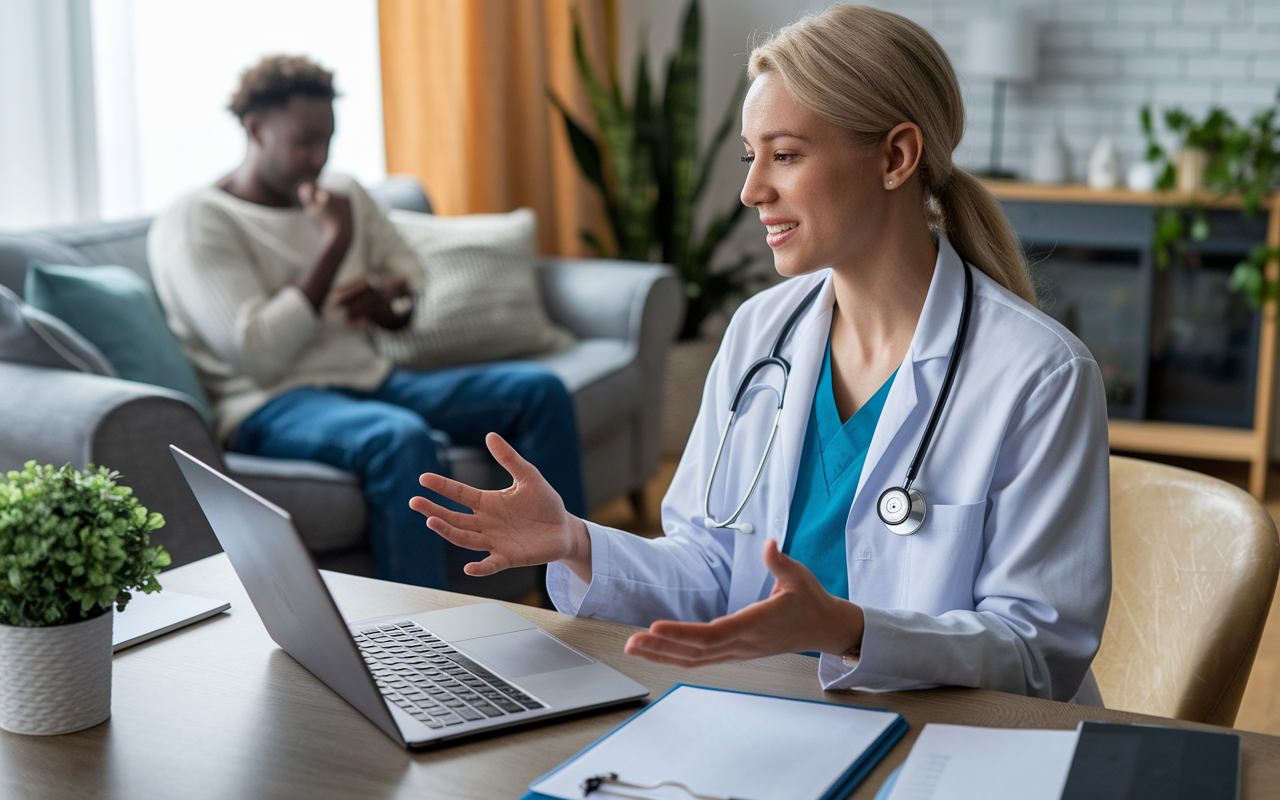 A serene telehealth consultation scene at home, featuring a female physician speaking with a patient via a laptop. The physician exudes professionalism and warmth, with medical charts and a stethoscope visible in her home office. The patient, appearing engaged and relieved, is seated in a cozy living room, surrounded by plants and soft lighting, illustrating the comfort and convenience of telemedicine.