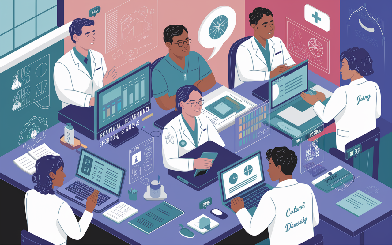 A detailed illustration depicting the essential skills required for telehealth roles. Focus on diverse healthcare professionals engaged in training sessions, with visual elements showing technical tools, data analytics screens, and cultural diversity symbols. Soft lighting creates an inspiring learning environment where adaptive learning and effective communication are emphasized.