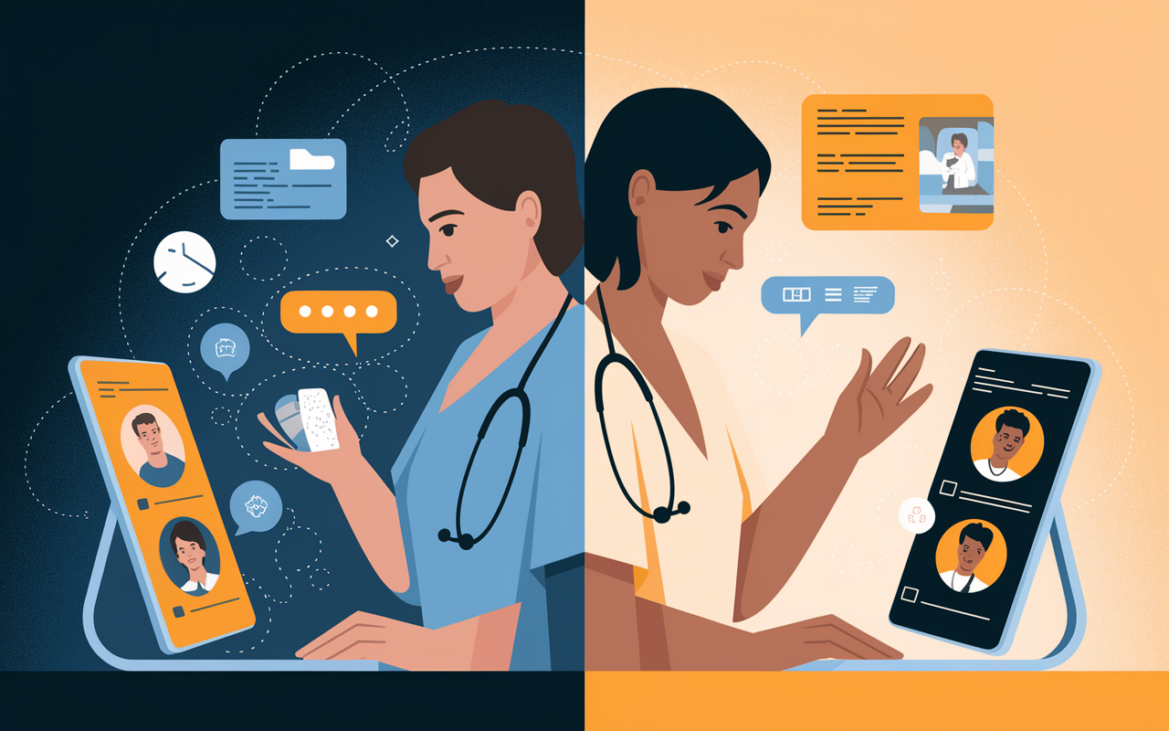 An impactful visual representation of the challenges faced in telemedicine adoption. Depict a split scene—one side showing a healthcare professional attempting to connect with a frustrated patient using outdated technology, the other side demonstrating a successful telehealth interaction, showcasing inclusivity and effective communication. The lighting shifts between gloomy tones on the left and bright, hopeful tones on the right.