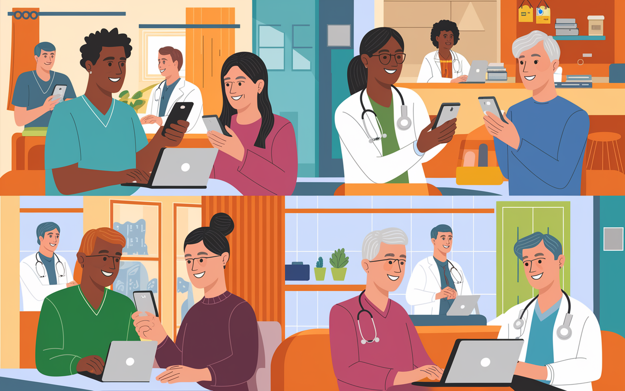 An illustrated scene showcasing a diverse group of patients using telemedicine, with different backgrounds and age groups accessing healthcare from their homes. Some are using smartphones, while others are on laptops, all smiling as they interact with virtual doctors on their screens. The environment reflects a blend of technology and comfort, like cozy living rooms and bright kitchens, symbolizing the accessibility and convenience of telehealth services.