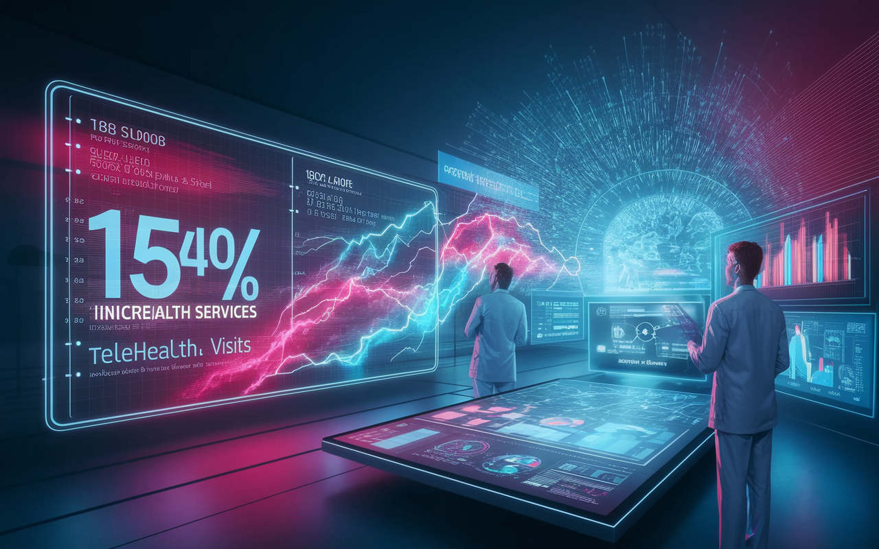 A futuristic healthcare environment displaying an interactive digital chart indicating a surge in telehealth services usage. The vibrant data visualizations showcase statistics illustrating a 154% increase in telehealth visits. The scene features modern healthcare professionals analyzing data on sleek, glowing screens, highlighting the growing demand for telehealth services driven by the pandemic.