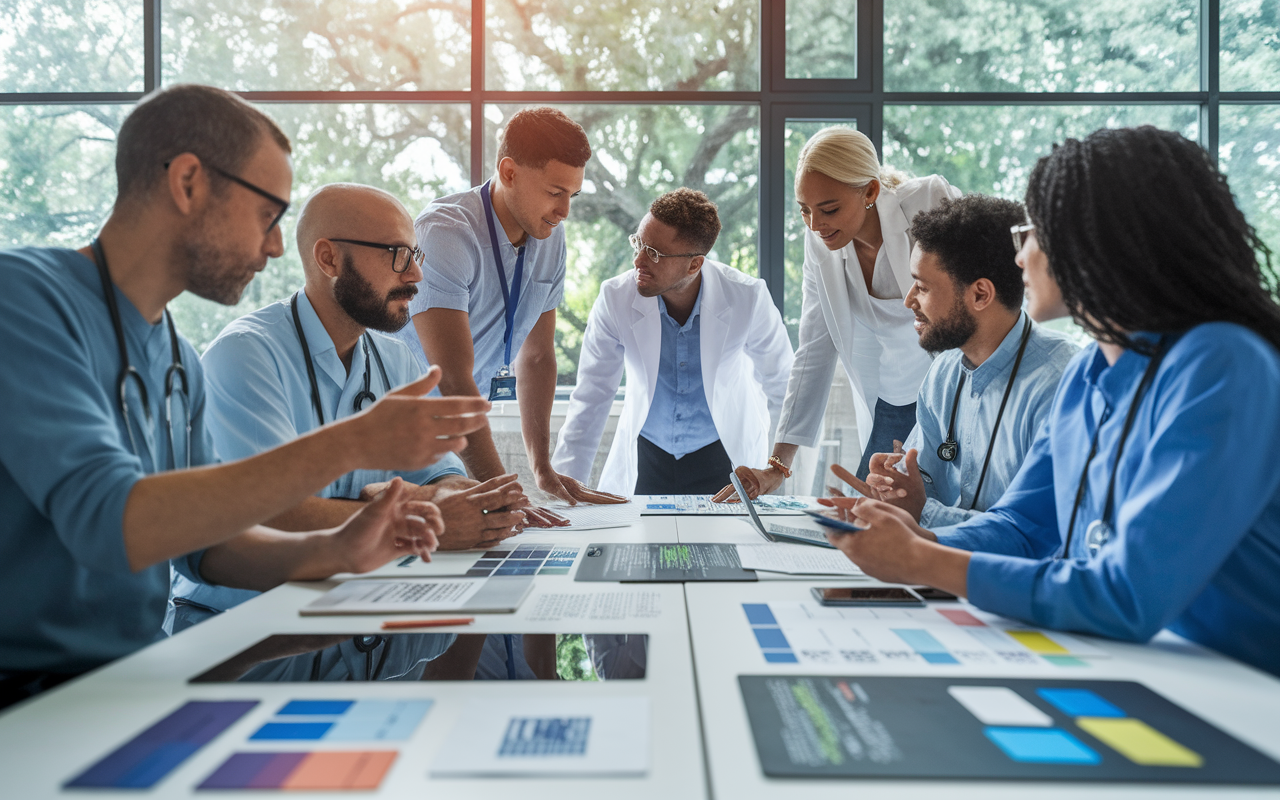 A dynamic workspace showcasing a group of diverse healthcare professionals brainstorming innovative telehealth solutions. They are seated around a modern table filled with digital devices, prototypes, and telehealth applications. The atmosphere is energetic and collaborative, with big windows letting in natural light and greenery outside, symbolizing the innovative spirit and positivity of working in telemedicine.