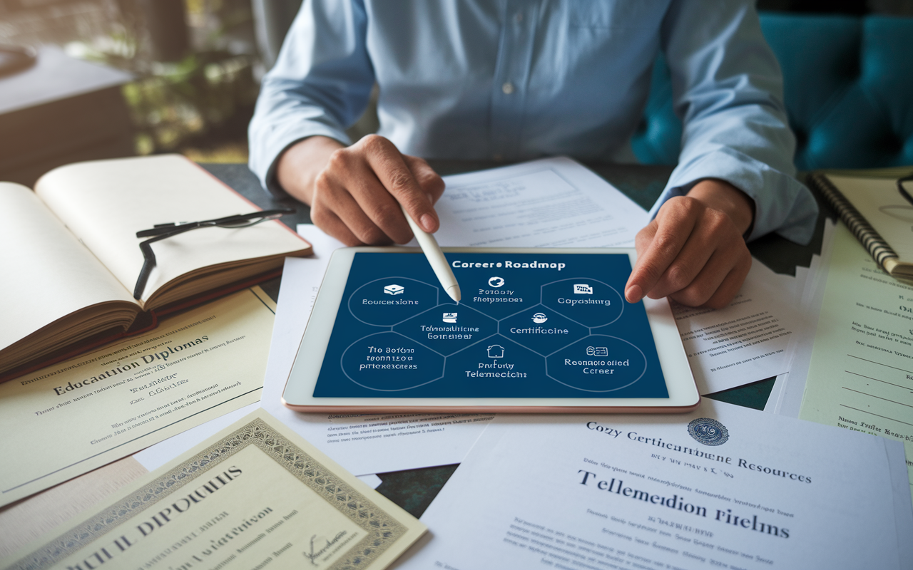 A thoughtful individual reviewing a digital career roadmap for telemedicine professions on a tablet. The table is cluttered with educational diplomas, certification papers, and telemedicine resources, suggesting careful planning and preparation for a successful career. The background features a cozy study environment that reflects a personal commitment to growth and learning in the telehealth field.