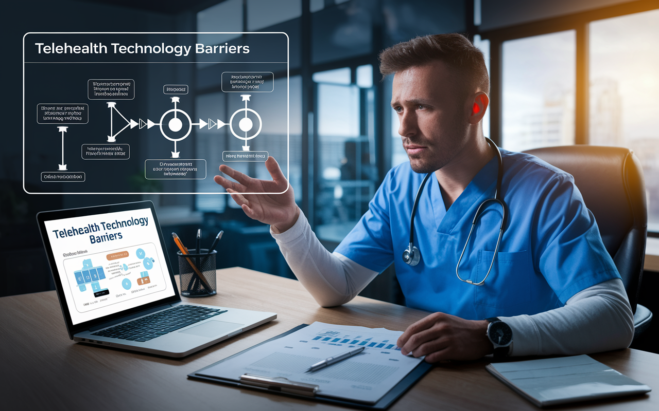 A healthcare professional seated at a desk, looking concerned while examining a report on telehealth technology barriers. A laptop on the desk displays a complex flow chart illustrating patients' access issues. The office is modern but reflects a sense of urgency and caution, symbolizing the challenges facing telemedicine in today's environment.