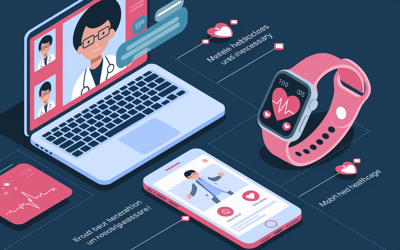 An infographic showing various technologies used in telemedicine, including a laptop displaying a video call interface, a smartwatch monitoring heart rate, and a mobile health app interface on a smartphone. Bright colors and graphical icons depict each technology, with visual emphasis on their interconnectedness in providing efficient healthcare. The background includes subtle motifs representing health care, such as a heart rate graph.