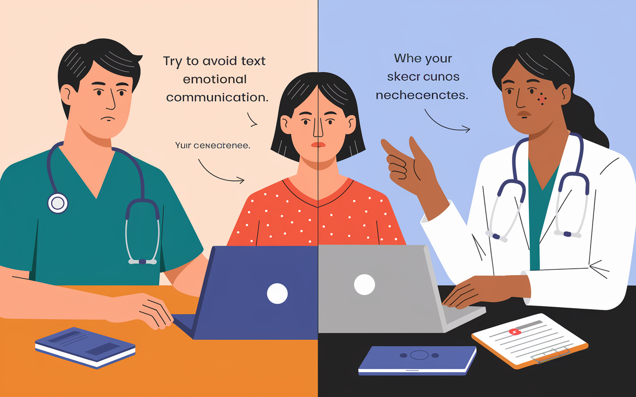 A split scene showing two instances of telemedicine consultation. On the left, a healthcare provider looks concerned as their patient struggles with a poor internet connection and a broken device. On the right, another consultation shows a seamless interaction with clear communication, emphasizing the difference in experience. The contrast highlights various emotional reactions from both healthcare professionals and patients.