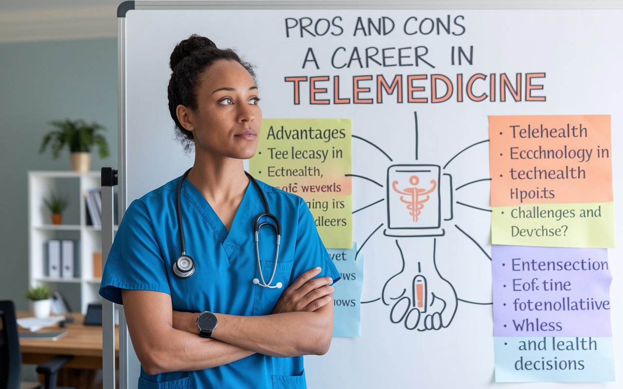 A thoughtful healthcare professional standing in front of a large whiteboard, analyzing the pros and cons of a career in telemedicine. The board is filled with colorful bullet points and graphics representing different advantages and challenges in telehealth. The professional looks contemplative, with a backdrop of their home office, emphasizing the intersection of technology and healthcare decisions.