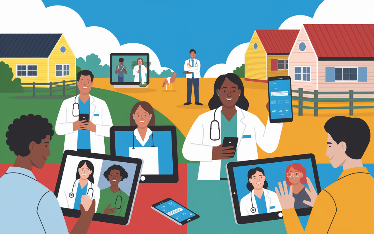 A graphical representation showcasing healthcare accessibility across various communities, featuring diverse healthcare professionals engaged with patients in remote areas via tablets and smartphones. Focus on a vibrant, illustrated rural town with telehealth kiosks and happy patients receiving care over video calls. The sky is bright blue, symbolizing hope and progress, and the setting highlights the contrast between urban and rural healthcare access.