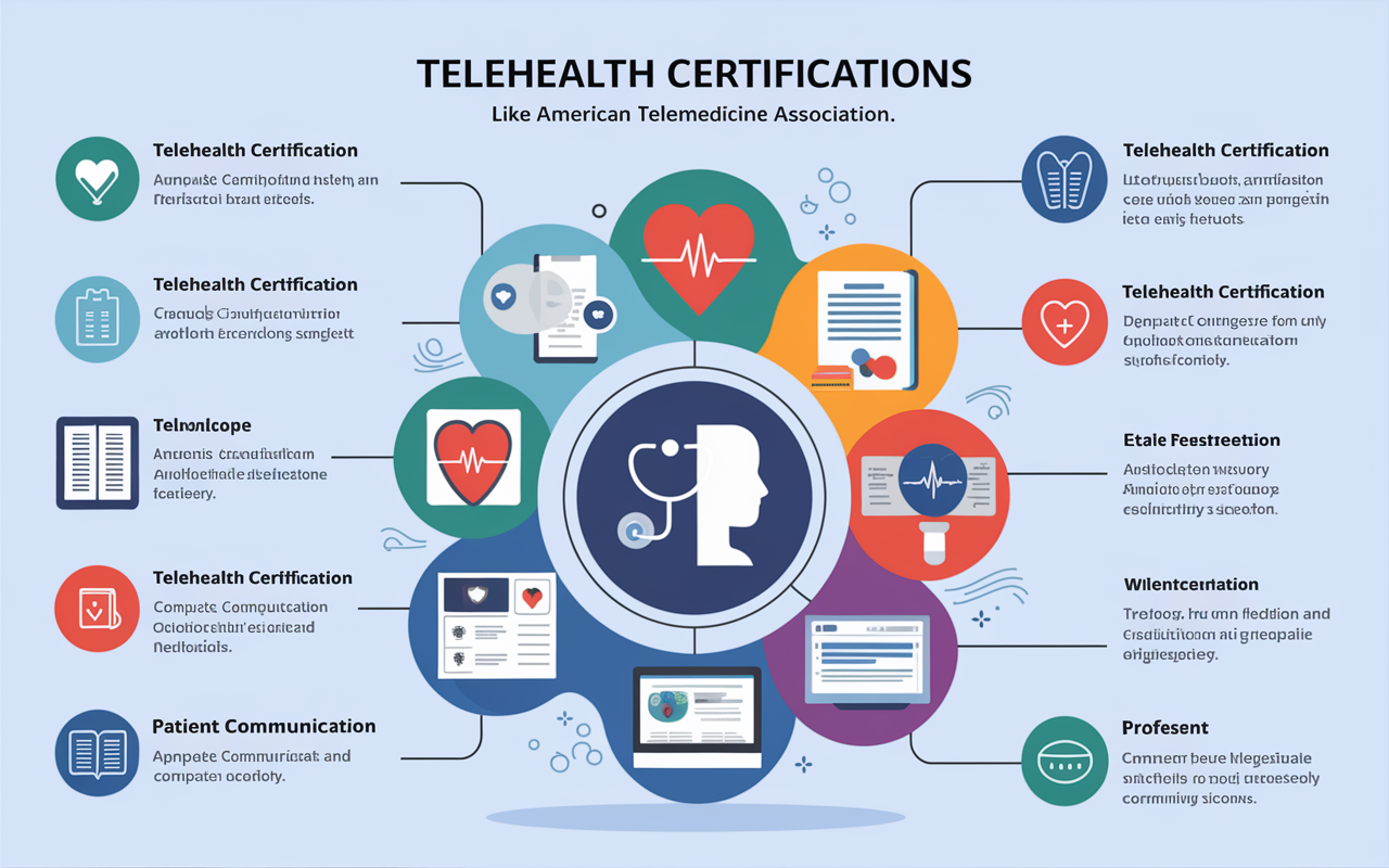 An informative, illustrative infographic detailing key telehealth certifications, like Telehealth Certification from the American Telemedicine Association, depicted through engaging icons. Each certification icon is surrounded by vibrant colors with relevant imagery, such as a stethoscope, computer screen, and patient communication symbols. The overall aesthetic is modern and professional, appealing to healthcare professionals.