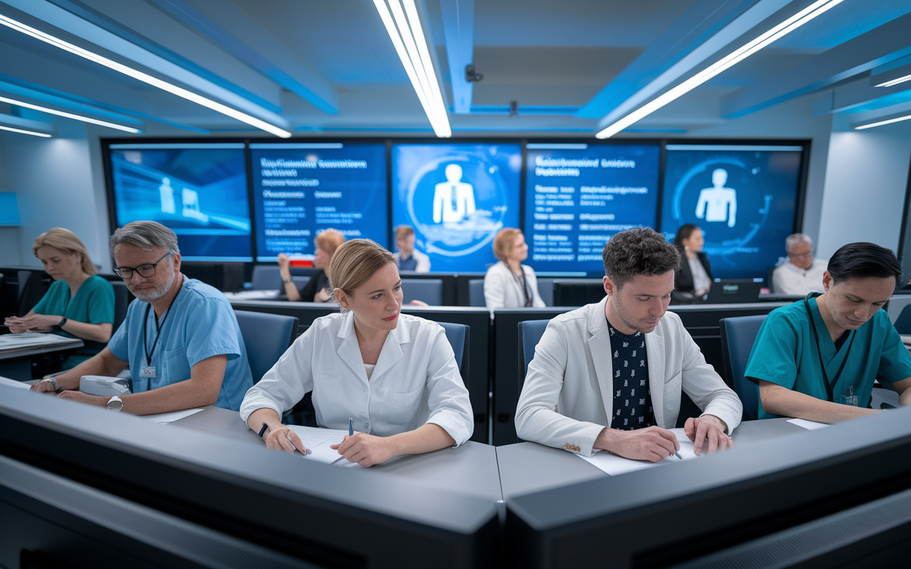 A professional setting showcasing healthcare professionals engaged in learning, with a diverse group studying telehealth qualifications. They are seated in a modern classroom environment, surrounded by digital screens, presenting various telehealth case studies. The lighting is bright with a focus on collaboration and knowledge-sharing, capturing the essence of ongoing education in the telehealth field.