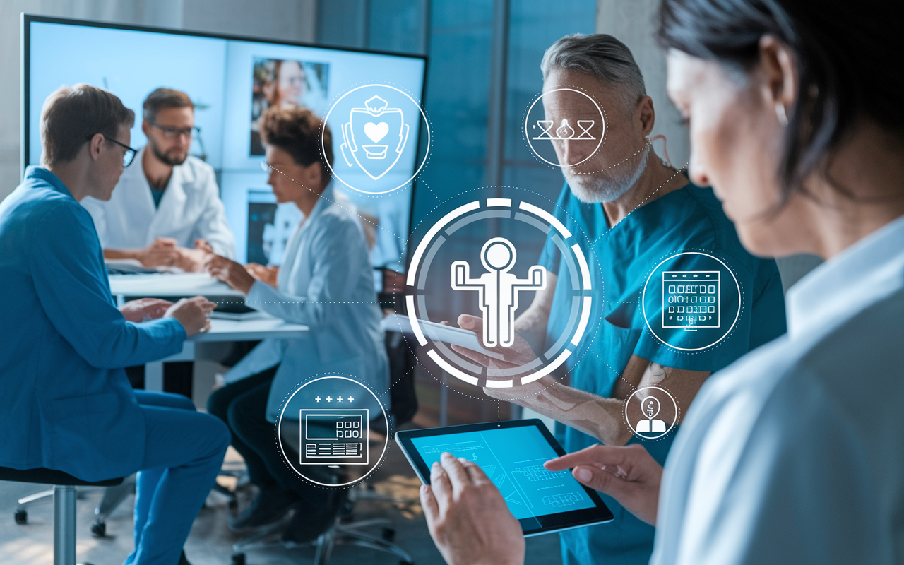 A dynamic scene representing real-world applications of telehealth certifications, featuring healthcare professionals collaborating on patient care through digital devices. In the foreground, a mental health therapist interacts remotely with a patient via a tablet. In the background, various specialists consult together in a virtual meeting, engaged in sharing insights. The environment is modern and high-tech, illustrating the fast-paced nature of telehealth services.