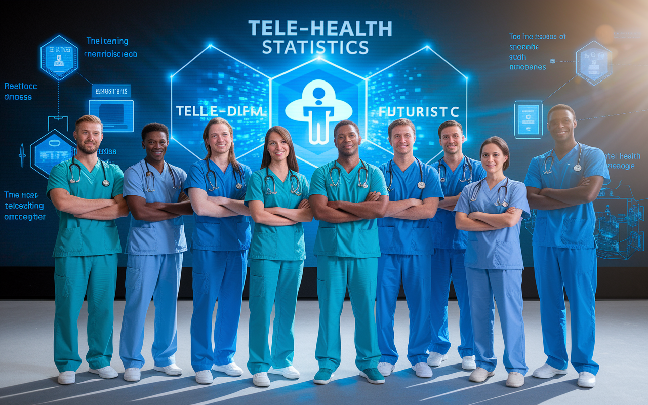 An inspiring, forward-looking image of a diverse group of healthcare professionals standing united in front of a large screen displaying telehealth statistics and futuristic technology. They are wearing scrubs and business casual attire, symbolizing collaboration across disciplines. The lighting is bright and optimistic, casting a positive atmosphere over the scene, representing the future of healthcare through telehealth advancements.