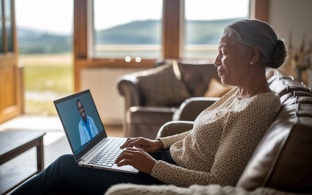 A cozy living room in a rural home, a patient seated comfortably with a laptop open, engaged in a telemedicine consultation. The patient, a middle-aged woman, appears relieved and focused as she speaks with a distant specialist on the screen. Light floods the space, emphasizing the contrast between the outside natural landscape and the warmth of the inside, symbolizing access to healthcare through technology.