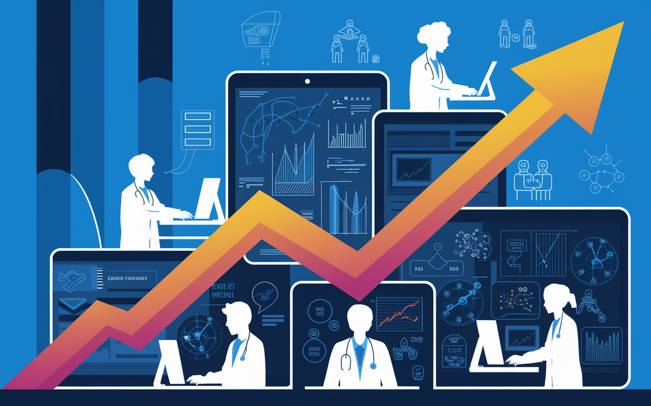 An infographic style illustration depicting the growth of telemedicine services. The background shows silhouettes of diverse healthcare providers working on computers, while vibrant arrows indicate a sharp increase in telemedicine use in recent years. The digital screens are filled with graphs and icons representing various specialties and increased patient interactions, highlighting the booming market.