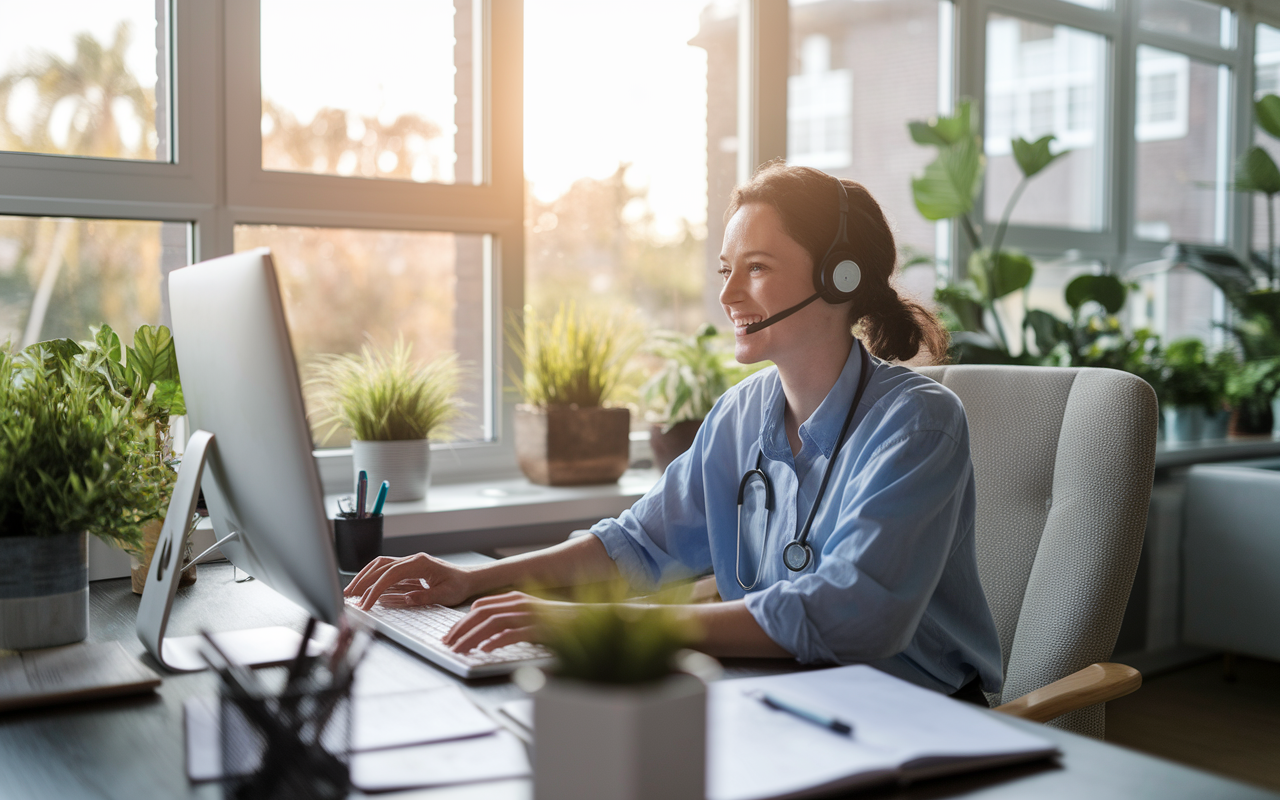 A telehealth provider working in a relaxed home office, surrounded by plants, personal décor, and a comfortable chair. The professional, wearing a casual shirt and headset, is smiling as they interact with patients through their computer screen. Large windows show a sunlight-filled view outside, symbolizing the balance between work and life in the realm of telemedicine.