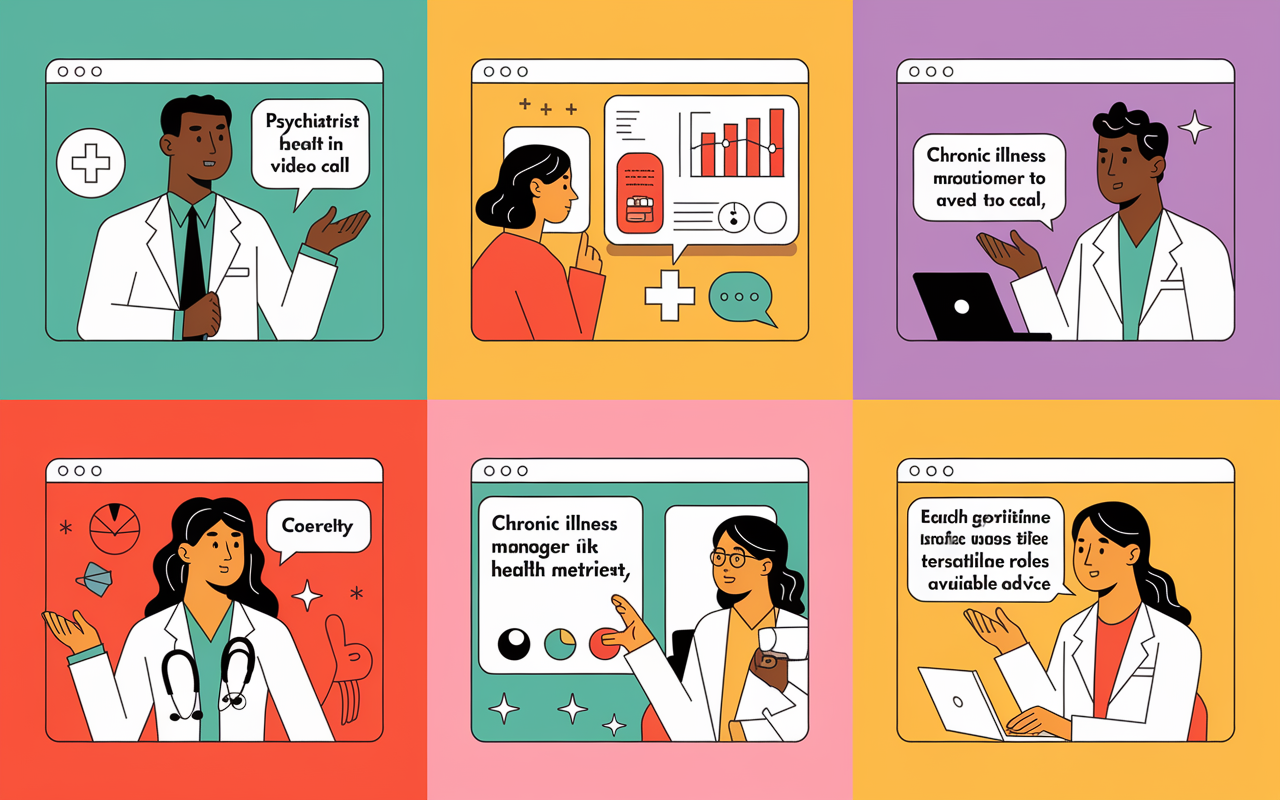 A colorful montage featuring different telemedicine specialties: a psychiatrist chatting with a patient via video call, a chronic illness manager discussing health metrics with a patient, and a nurse practitioner assisting a patient with urgent advice. Each specialty is depicted in separate screen frames, illustrating the versatility and range of telemedicine roles available to practitioners.