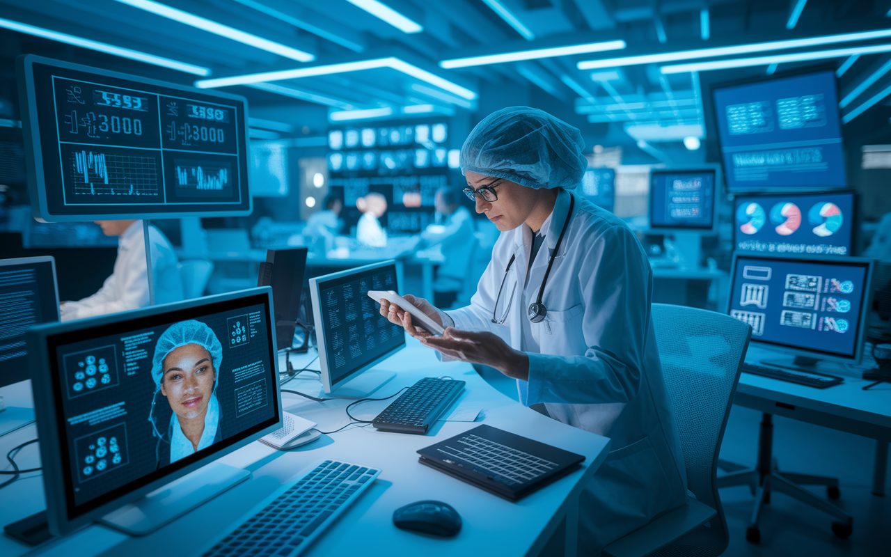 A high-tech telemedicine office filled with advanced gadgets and screens displaying patient data and virtual consultations. Healthcare professionals are seen collaborating on a mobile app for patient engagement, surrounded by charts showcasing health data analytics. The atmosphere is futuristic, filled with soft blue and green lights, emphasizing the innovative spirit of telemedicine.