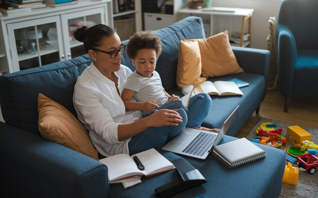 A caring late-career medical student holding a child in one arm while studying on a sofa at home. The living room is filled with textbooks, notebooks, and a laptop, indicating the blend of family life and academic duties. Soft, ambient lighting highlights the warmth of their home environment, while scattered toys on the floor reflect the joys and chaos of parenting.