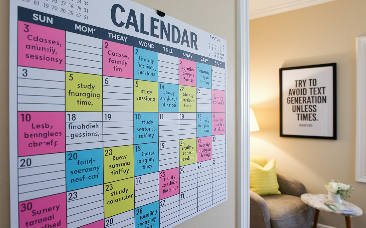 A wall calendar filled with colorful appointments and notes, highlighting a busy lifestyle. The calendar has blocks for classes, family time, study sessions, and self-care, depicting the complexity of managing time. The room is well-lit, with a motivational quote framed on the wall, inspiring balance and focus.