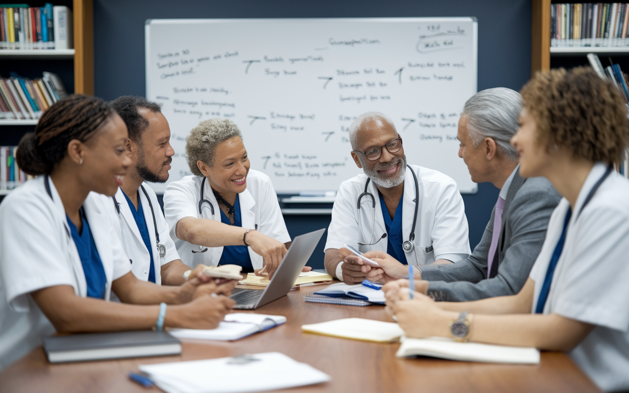 A group of late-career medical students studying together in a library. They are diverse in age and background, sharing notes and discussing topics. Books and laptops are scattered on the table, and a whiteboard in the background outlines key concepts, representing collaboration and community support in their educational journey.