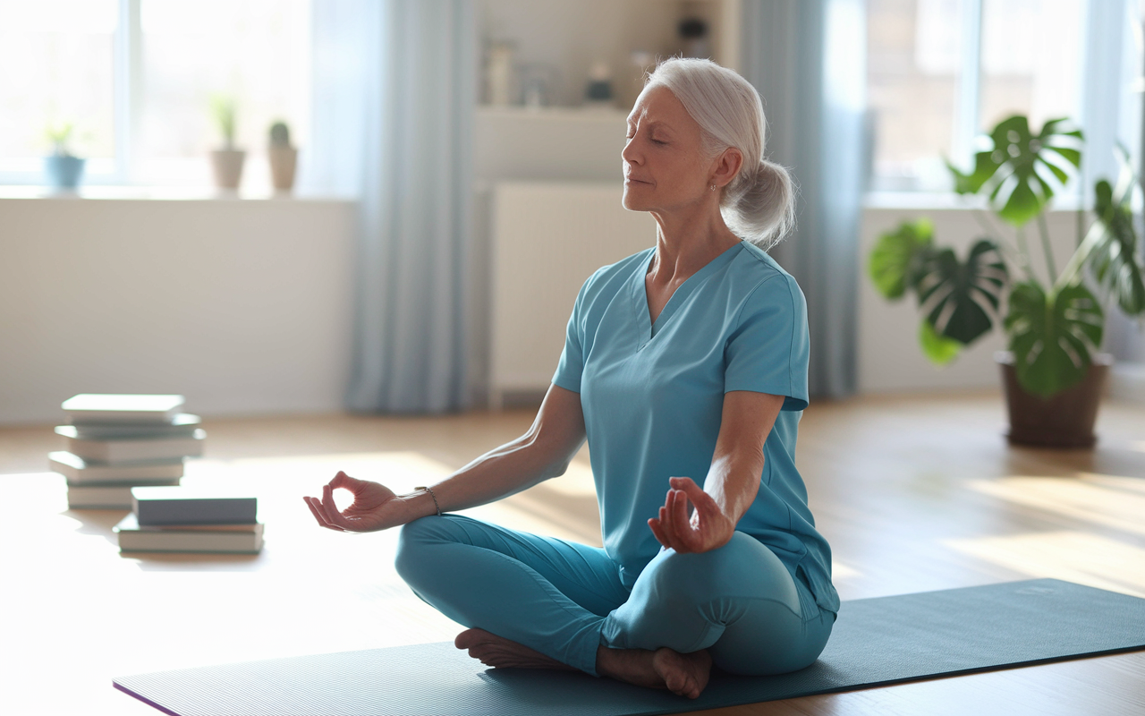 A late-career medical student practicing yoga on a mat in a peaceful sunlit room, reflecting a moment of tranquility. The background shows a few scattered books and a peaceful indoor plant, symbolizing the importance of self-care amidst a busy life. Soft light enhances the serene atmosphere, promoting well-being and mindfulness.