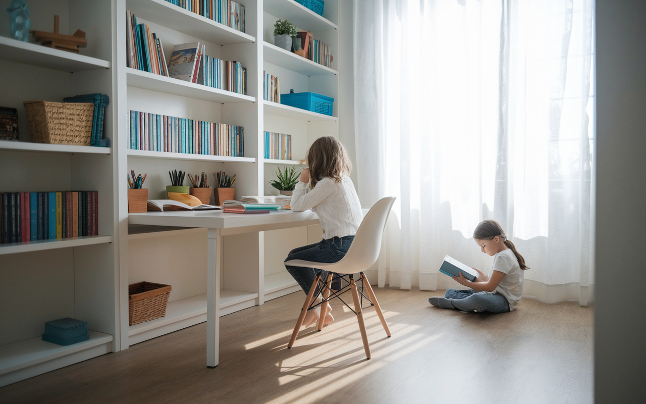 A designated study space at home with a neatly organized desk, bookshelves, and study materials. A child is quietly reading in a corner of the room, demonstrating cooperation between family and study. Soft natural light floods through a window, creating a calm and productive environment.