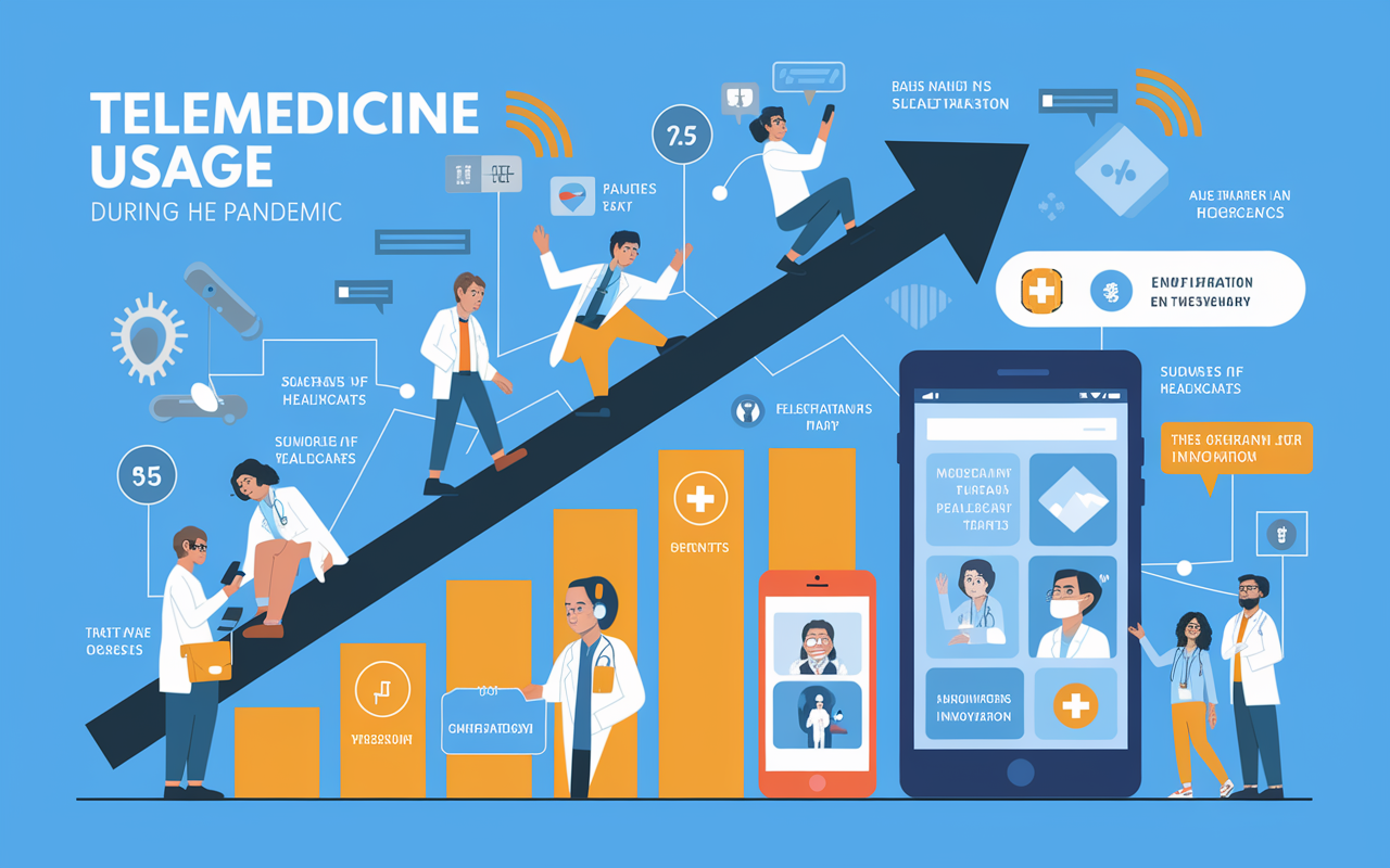 A dynamic infographic-style illustration depicting the surge in telemedicine usage during the pandemic, using statistics and vibrant graphics. Include icons like a graph showing a sudden rise, telecommunication symbols, and patients utilizing various devices (phones, tablets) for healthcare consultations. The color scheme is bright and engaging, evoking a sense of growth and innovation in healthcare.