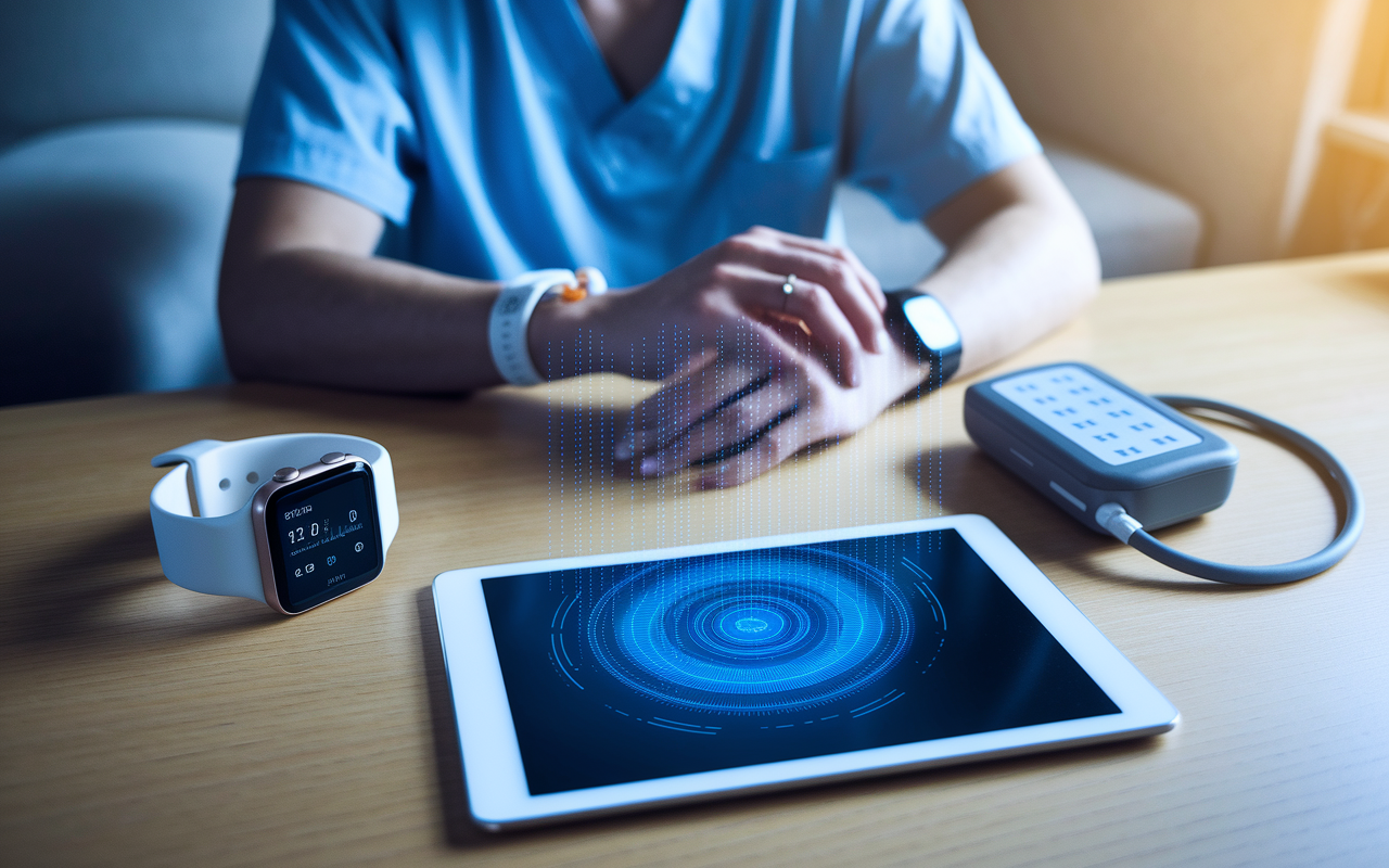 A futuristic depiction of a patient at home surrounded by various remote monitoring devices, such as a smartwatch, blood pressure cuff, and a smart health app displayed on a tablet. Soft ambient lighting creates a comfortable atmosphere, showcasing the convenience of monitoring chronic diseases from home. An overlay of digital data streams appears to connect the devices to a physician's virtual dashboard.