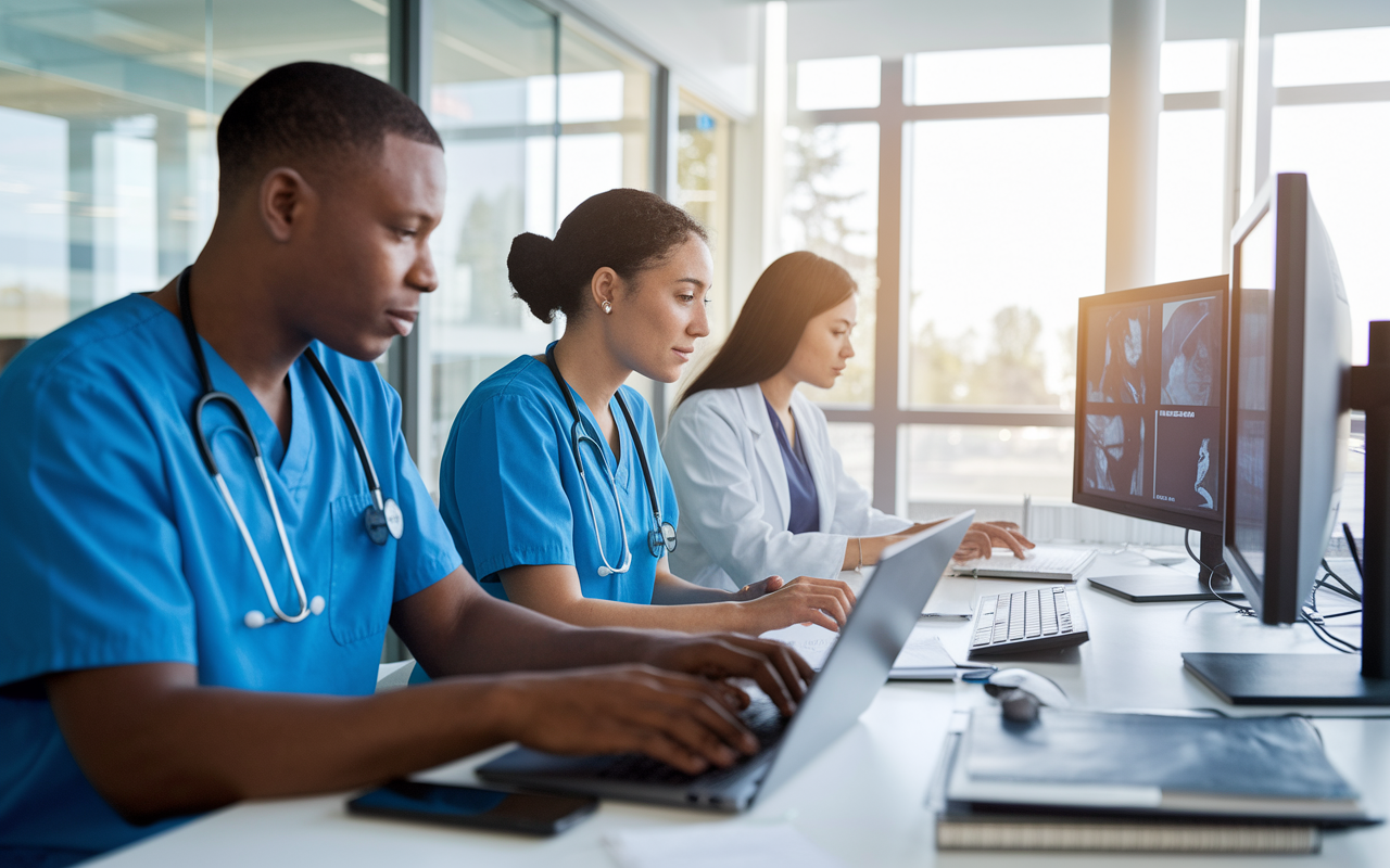 An inspiring scene showcasing a diverse group of healthcare professionals engaged in telemedicine duties: a young Black male physician consulting a patient on a laptop, a Hispanic female remote care coordinator managing records, and an Asian female informatics specialist analyzing data on multiple screens. The office is equipped with modern technology and a warm, collaborative atmosphere. Bright, natural lighting gives a sense of hope and progress in the telehealth field.