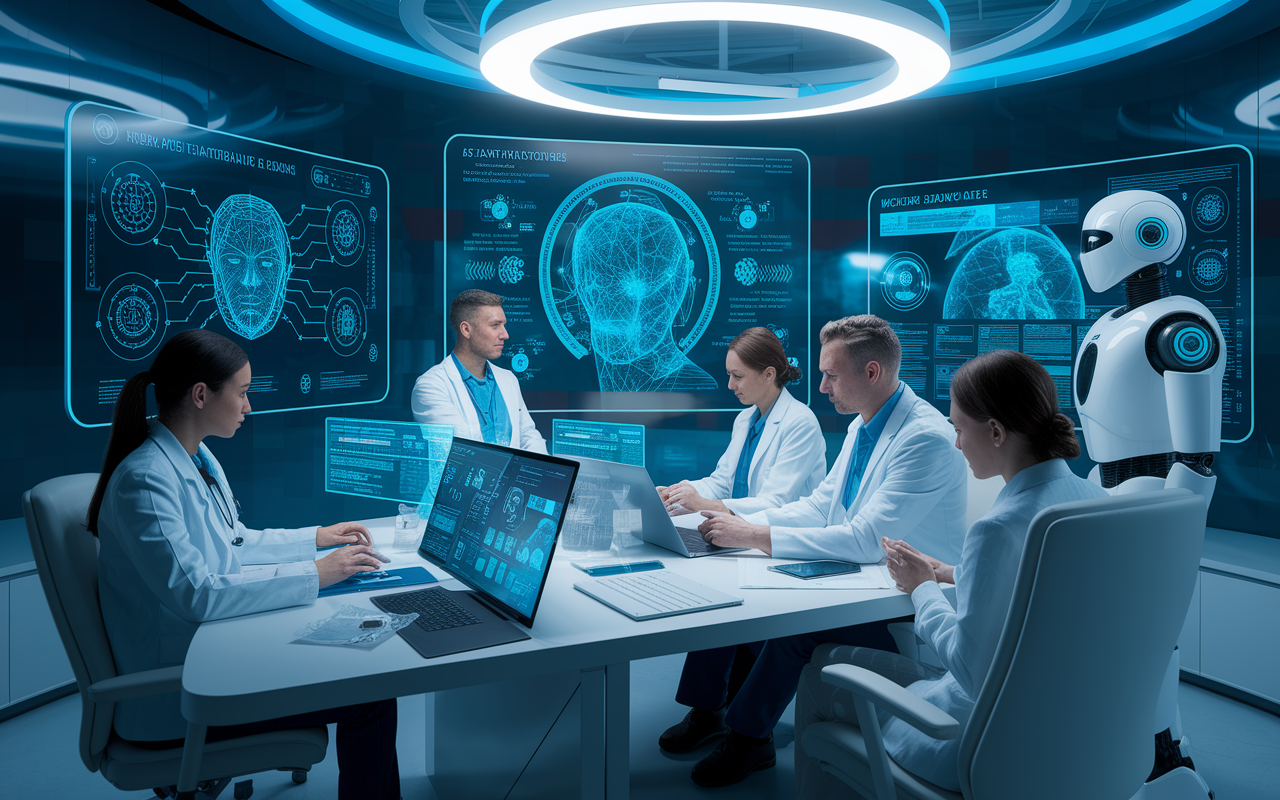 A futuristic healthcare workspace with AI and machine learning interfaces actively analyzing patient data. Neural network diagrams and AI visualizations are shown on screens, while a diverse team of healthcare professionals discusses insights generated by the systems. The environment is high-tech, with holographic displays and robotic assistants helping to coordinate patient care, emphasizing how technology blends seamlessly into telehealth practices.