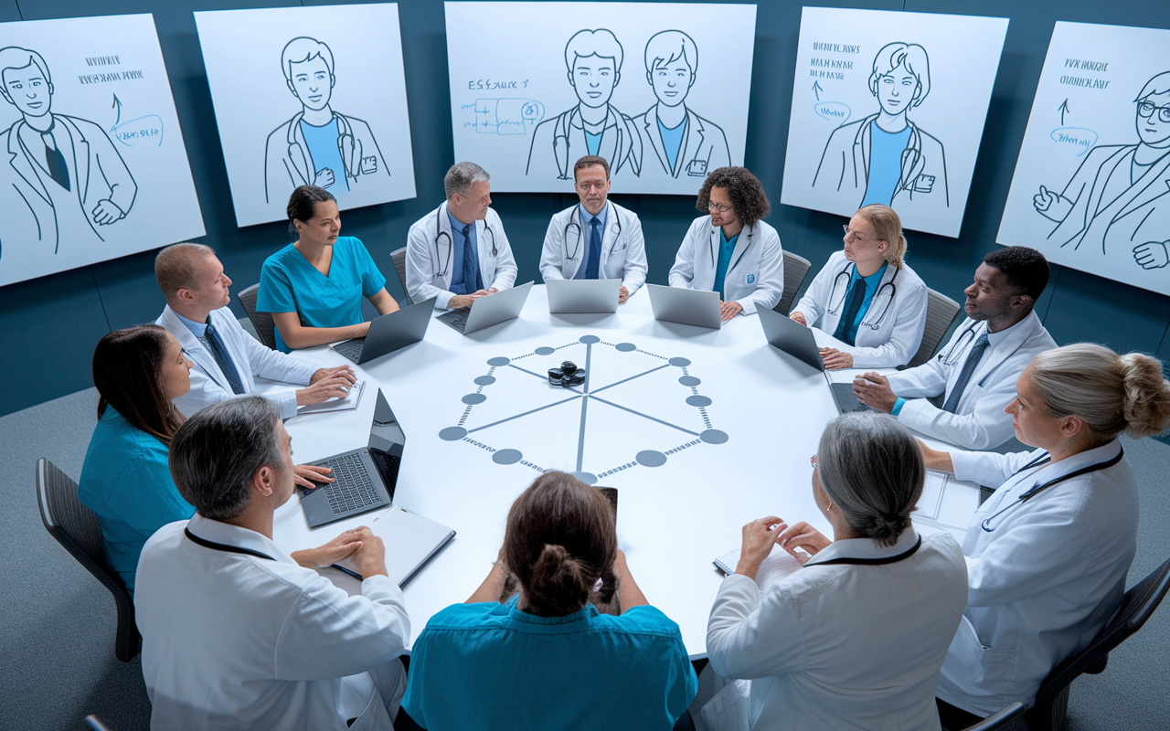 A team meeting of healthcare professionals from various disciplines gathered around a virtual conference setup. Each member is joining from different locations via video calls, discussing patient cases. Whiteboards in the background showcase diagrams and care plans. The atmosphere is dynamic and engaged, emphasizing collaboration and innovation in delivering care through telemedicine.