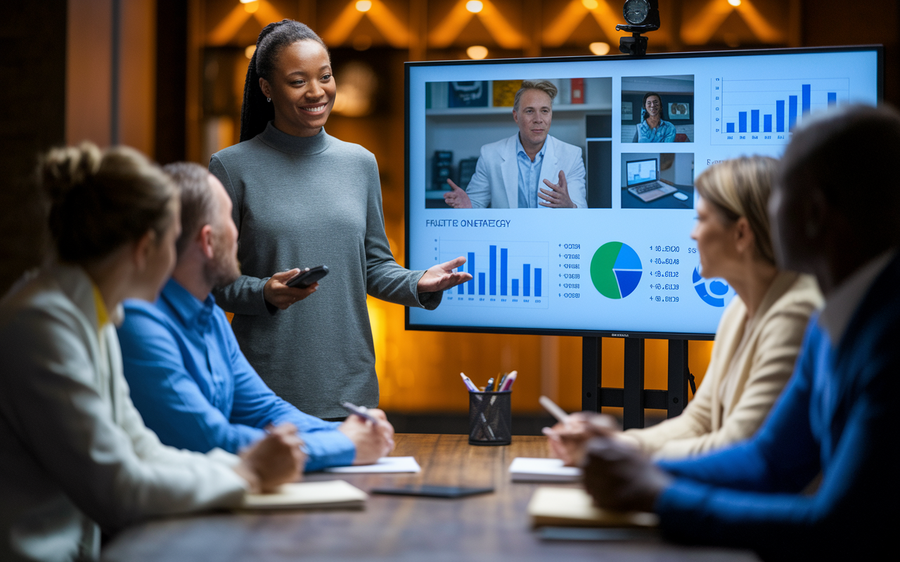 A telehealth consultant presenting a strategy to a healthcare organization via video conferencing, with detailed charts and data displayed on-screen. The setting is a professional office, illuminated with warm lighting, creating an inviting atmosphere. Colleagues engage actively, taking notes and discussing, highlighting the importance of strategizing for efficient telemedicine services in today’s healthcare landscape.