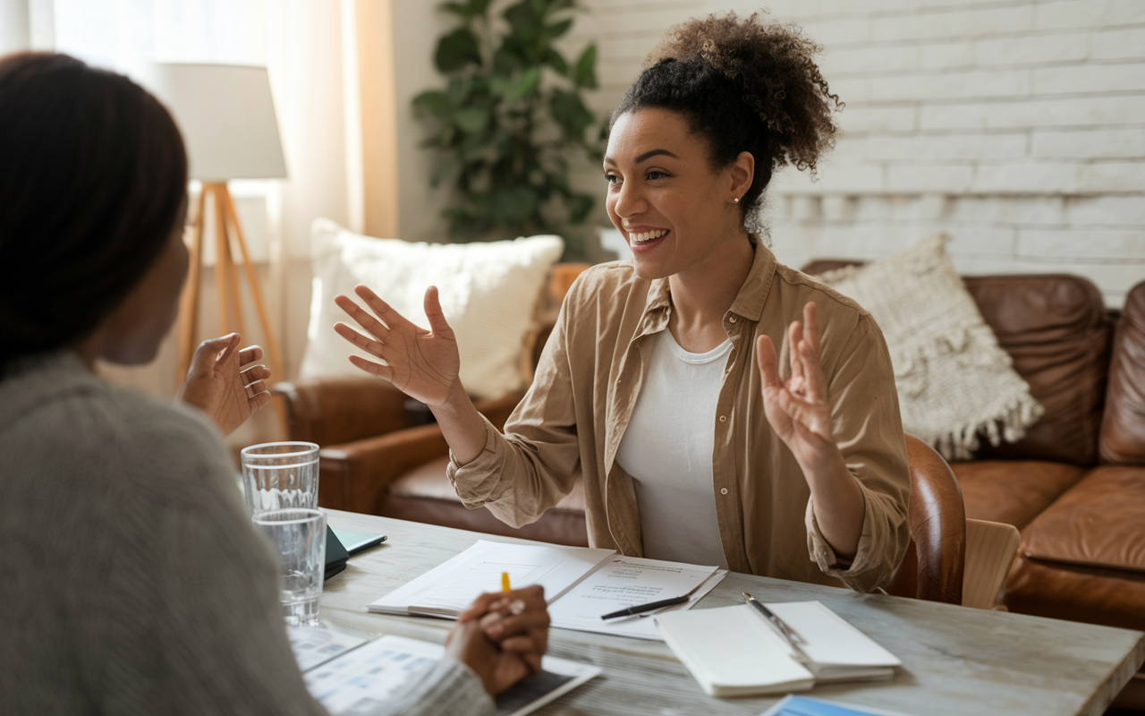 A virtual health coaching session in a cozy home setting, featuring a health coach engaging a client through a video call. The coach uses a bright, encouraging approach, with wellness resources and notes visible around them. Soft lighting enhances the comforting environment as they discuss personalized health strategies, creating an atmosphere of trust and motivation.