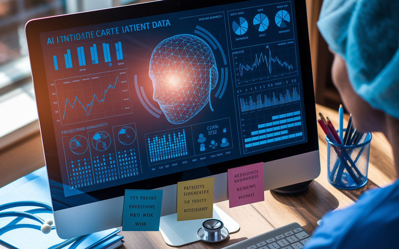 A close-up scene of an AI system analyzing patient data. A computer screen shows intricate graphs, predictive analytics, and algorithms at work. Surrounding elements include a stethoscope, medical textbooks, and a healthcare professional observing the screen with a focused expression. The lighting is warm and soft, emanating from the screen, casting shadows that highlight the intensity of the work at hand.