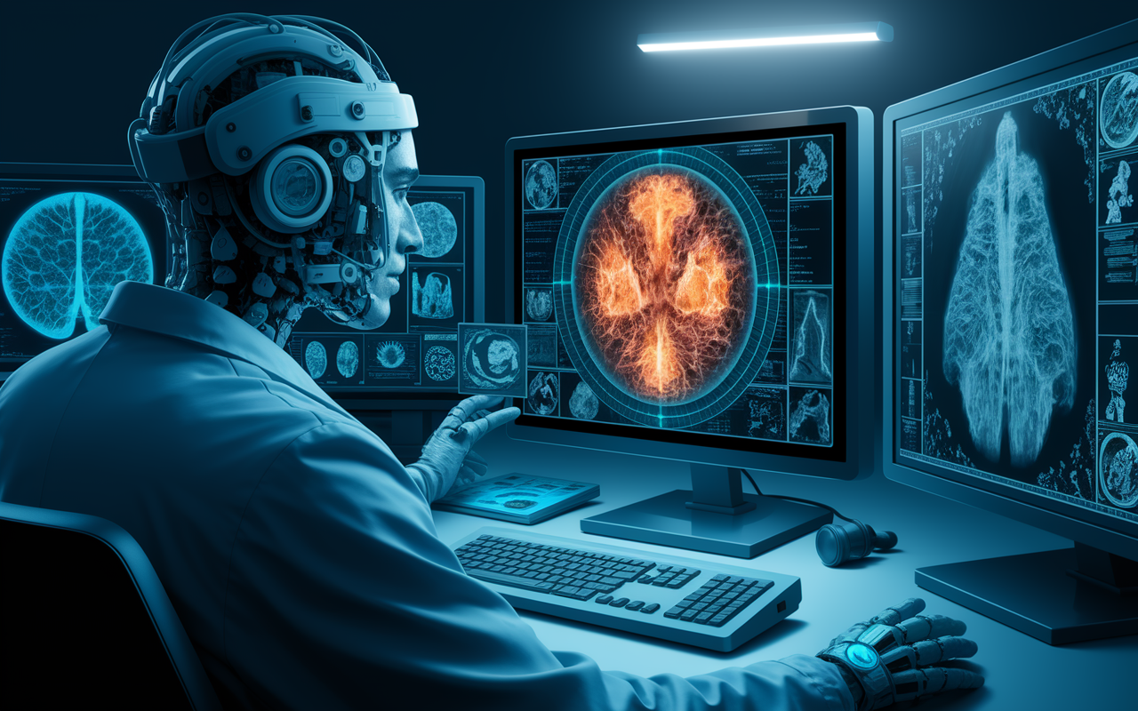 A scene showcasing the impact of AI in medical imaging. A radiologist reviews digital images on a high-tech monitor, with AI algorithms visibly processing the images in real-time. The room is dimly lit, with the glow of the monitors illuminating the focused face of the radiologist. Graphics overlay the images, indicating AI's analysis and diagnostic aids, creating a high-tech and innovative atmosphere.