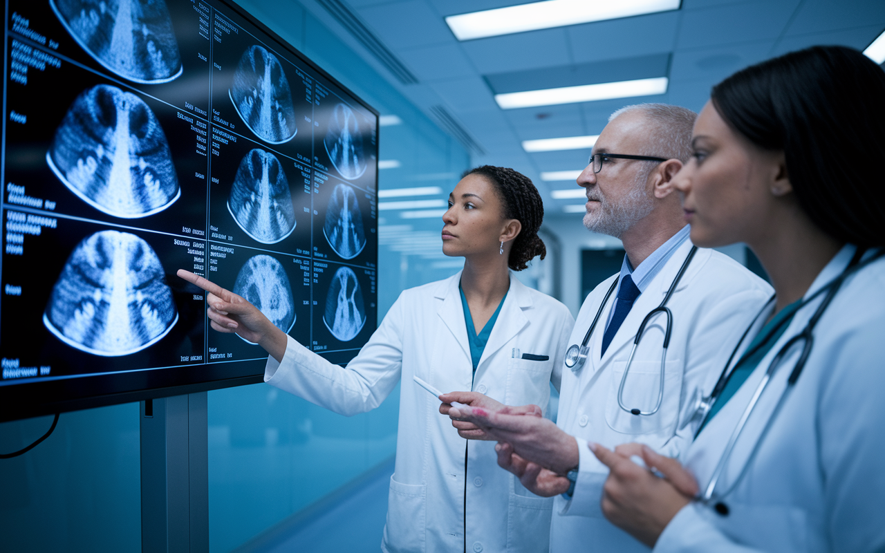 An AI-powered screen displays mammogram scans with highlighted regions indicating potential areas of concern for breast cancer detection. A diverse group of healthcare professionals engage in a discussion, pointing to the screen and analyzing the data together. The room is bright with clinical lighting, conveying a sense of urgency and collaboration in the fight against cancer.