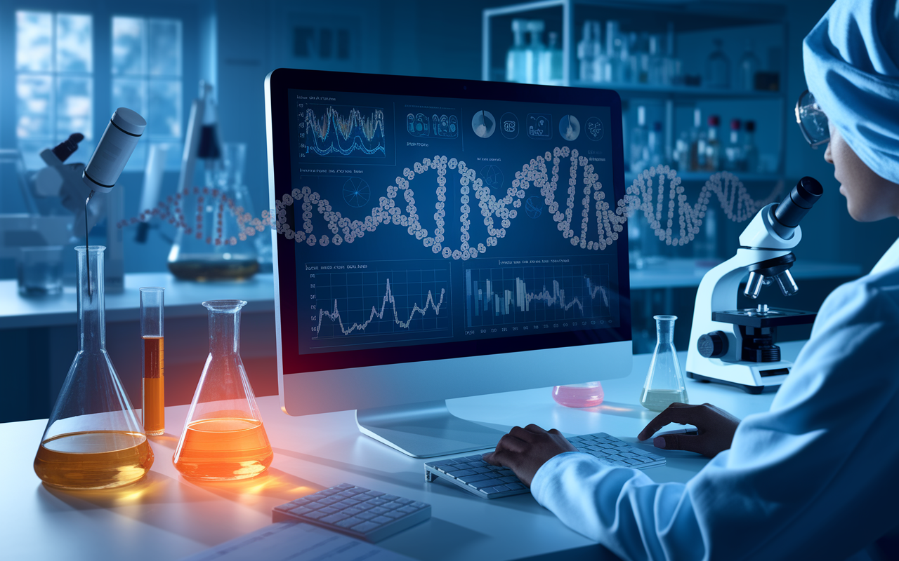 A laboratory scene where a scientist uses AI software on a computer to analyze genomic data. Charts and graphs depicting DNA sequences float above the screen. Various lab equipment, such as pipettes and microscopes, surround the workspace, combined with a glowing sample vial. The atmosphere is intense, filled with a sense of discovery and innovation.