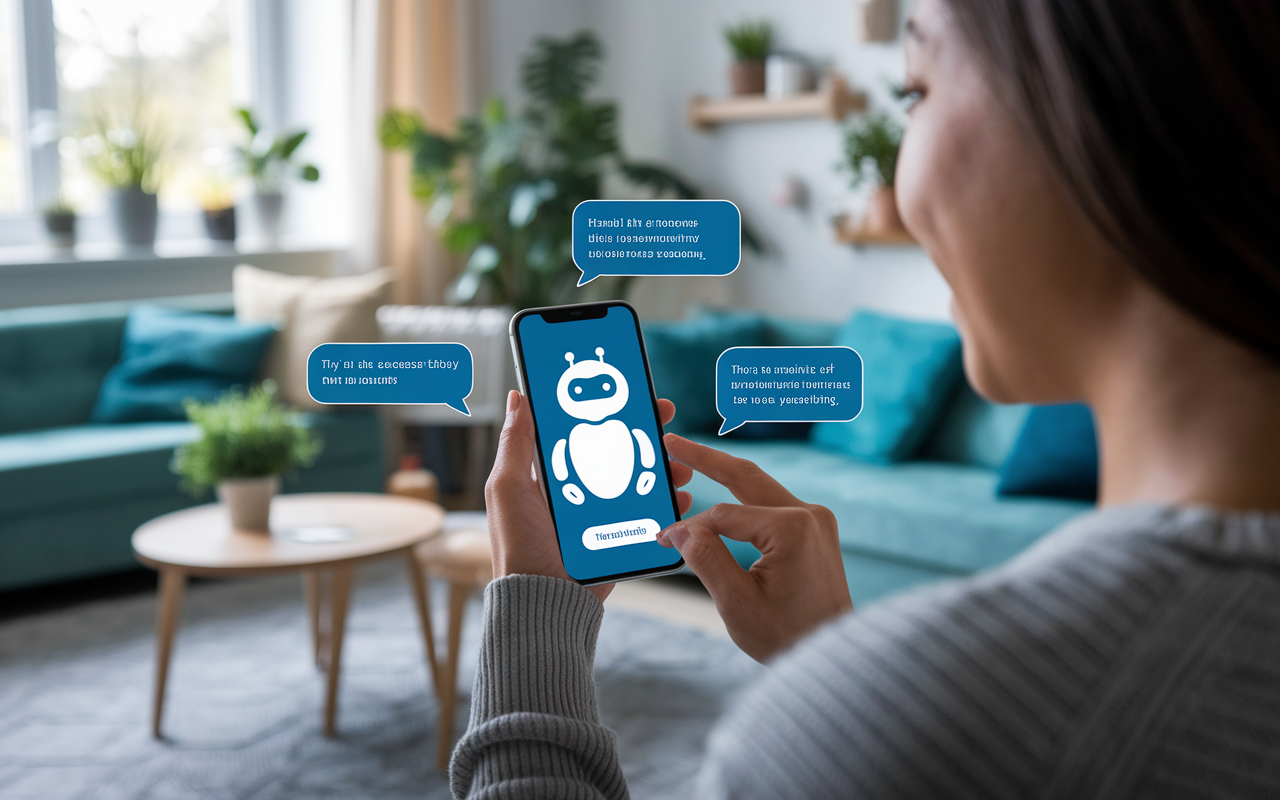 A patient at home interacts with a virtual health assistant on their smartphone, displaying a friendly chatbot interface. The living room is cozy and welcoming, filled with plants and soft lighting. The phone screen shows a health assessment being processed, emphasizing the convenience and accessibility of technology in patient care.