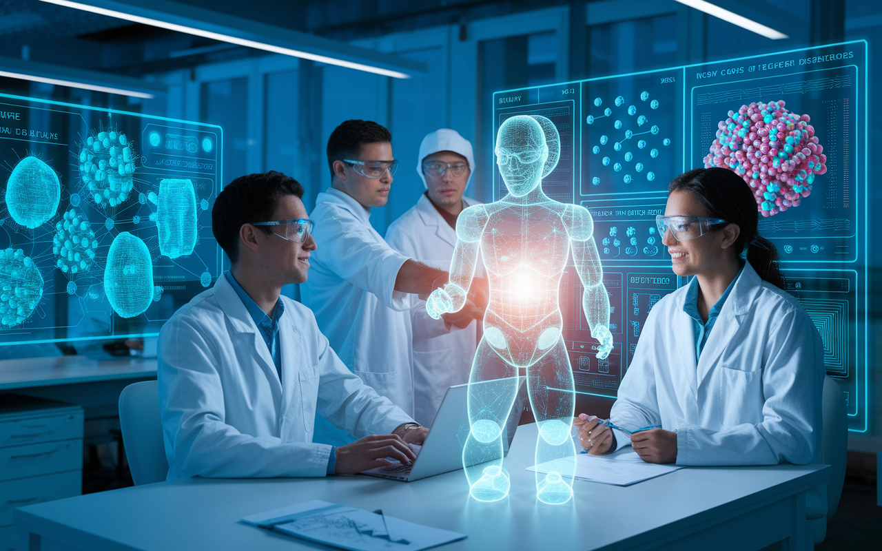 A high-tech lab environment where researchers are using AI technology to screen compounds for new drug discoveries. The scene features vibrant holographic displays showing molecular structures and complex data analysis. Researchers are engaged, discussing findings, with a sense of excitement and collaboration in the air.