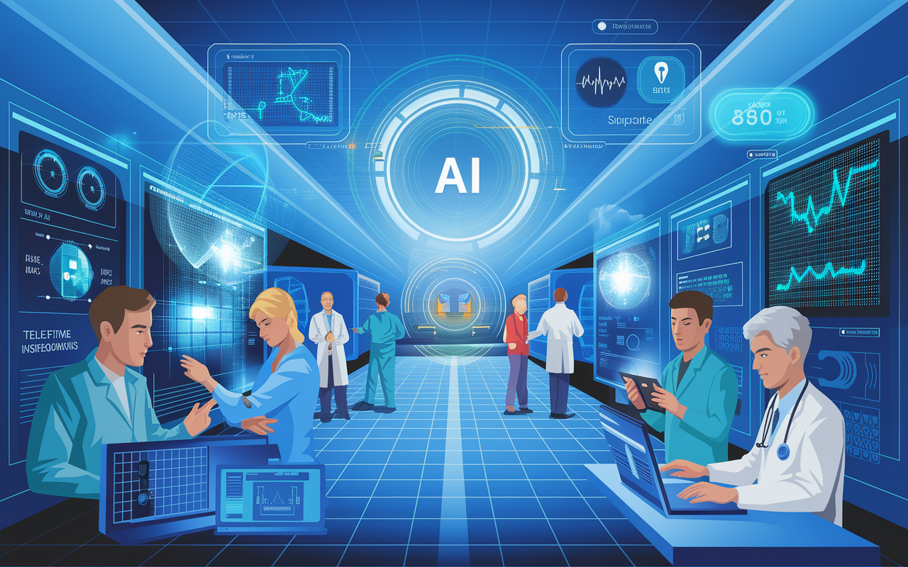 A visionary illustration representing the future of AI in healthcare. A bustling hospital scene integrates advanced technology with human interaction, showcasing patients being monitored by AI wearables. Doctors consult with AI dashboards that provide real-time insights, and telemedicine sessions are in progress. The atmosphere is bright and forward-looking, symbolizing hope and innovation in medicine.