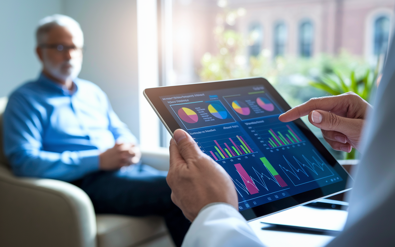 A close-up scene of a healthcare professional reviewing a patient's Electronic Health Record on a sleek tablet in a well-lit clinic office. The screen displays colorful graphs, medical history, and lab results in an organized manner. In the foreground, a patient is sitting in a comfortable chair, engaged and actively listening as the physician explains important health information, highlighting a sense of partnership in care. Soft natural lighting enters through a window, creating a warm and inviting atmosphere.