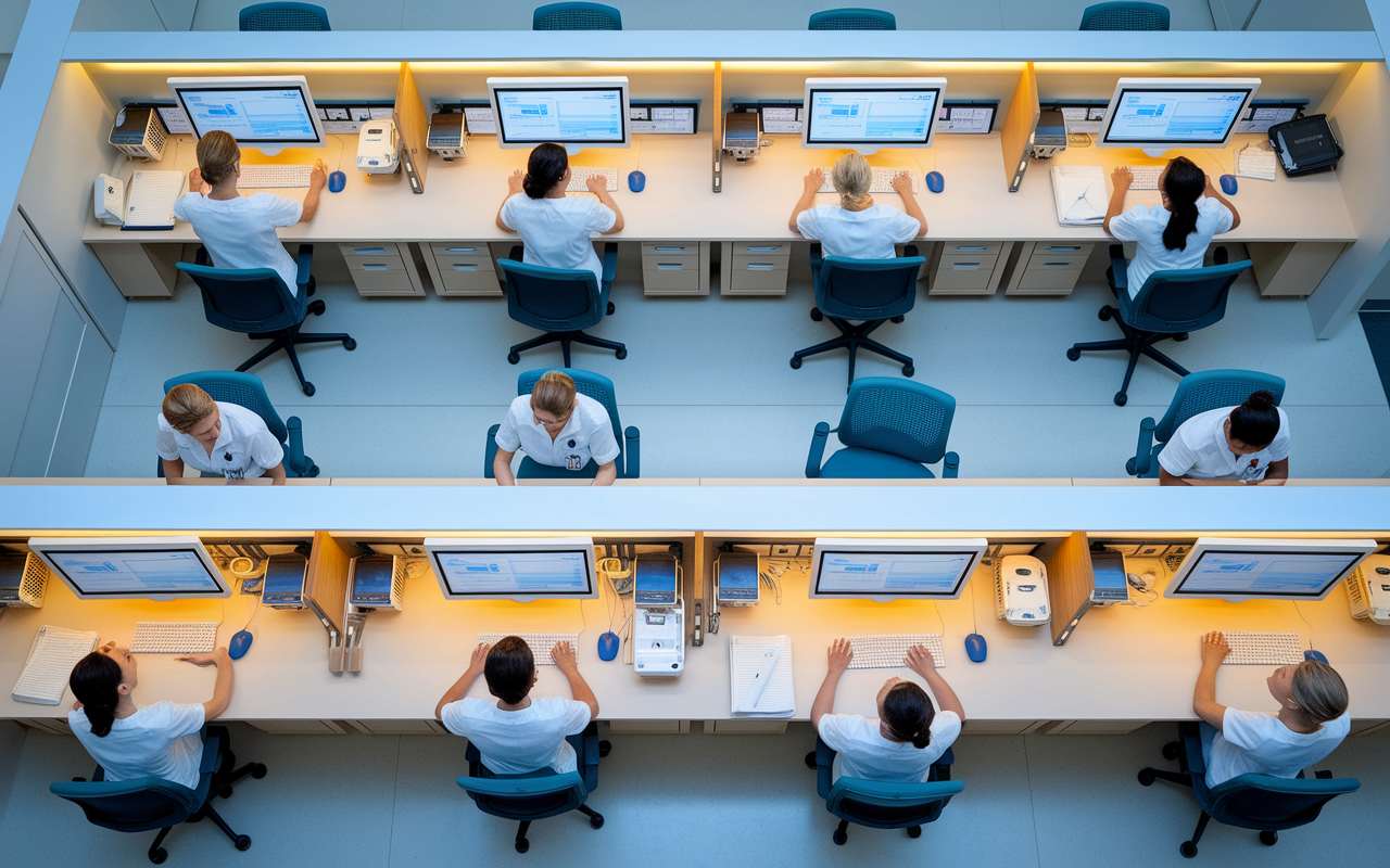 An overhead view of a modern hospital's nurse station, bustling with activity. Nurses are collaborating, engrossed in their computers displaying patient data from Electronic Health Records. The setting includes multiple workstations with digital displays and communication systems, emphasizing teamwork. Bright, warm lighting creates an efficient yet caring environment, reflecting dedication and commitment to quality patient care. Elements like charts, graphs, and patient interaction happen seamlessly.